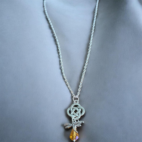 Outlander Jewelry Celtic Knot Cross Crystal Pendant Dragonfly in Amber Jamie Fraser Claire Fraser Scotland Scottish Irish Gaelic Necklace