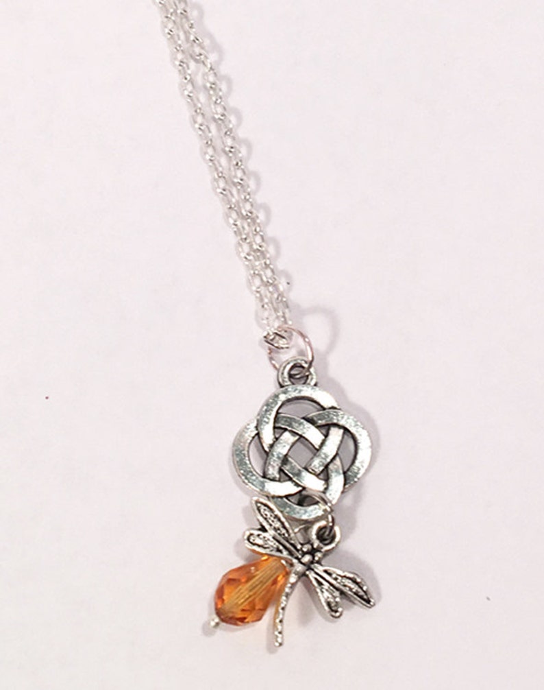 Outlander Jewelry Celtic Knot Cross Crystal Pendant Dragonfly in Amber