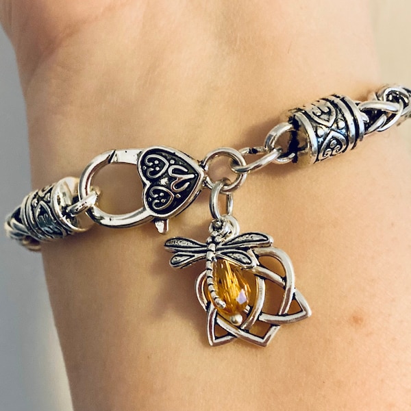 Dragonfly in Amber Celtic Knot Cross Eternity Charm Braided Bracelet Scottish Gaelic Scotland Jewelry