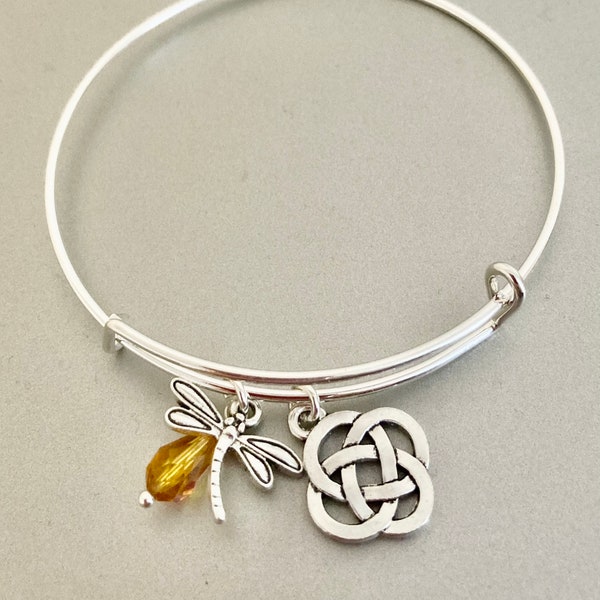 Bracelet jonc libellule en ambre croix éternité noeud celtique gaélique écossais Ecosse bijoux