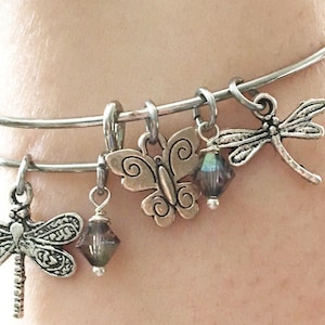 Dragonfly Butterfly Nature Crystal Silver Charm Adjustable Wire Bangle Bracelet