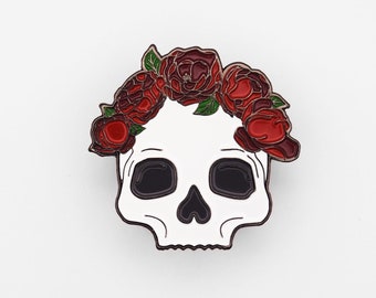Skull with Flower Crown Enamel Pin | Spooky Punk Goth Halloween Lapel Pin
