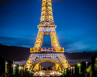 Paris Eiffel Tower at Night Photography, French Wall Art, Canvas Gallery Wrap