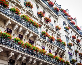 Red Geraniums on Paris Hotel Balcony, Paris Decor, Paris Photography, Red Flowers