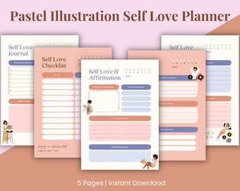 Pastel Illustration Self Love Planner, Printable Day Planner, Daily Planner, Printable Day Tracker, Personal Day Planner, Undated Planner