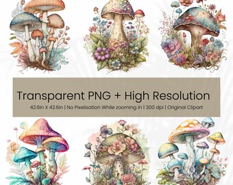 Pastel Mushroom Clipart in Watercolor, Transparent Cackground Clipart JPG, Fantasy Colorful Mushrooms in JPEG, Mushroom Clipart PNG Bundle