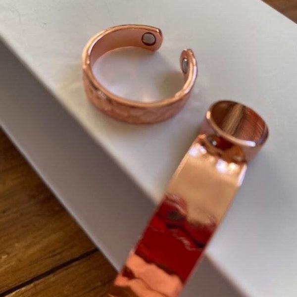 Copper Magnetic Bracelet and ring set Hammered Style Men Women Adjustable 10mm Wide Cuff