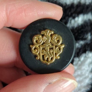 Buttons Black with Gold Crest 4 Pieces 25mm 7/8ths Inch Vintage Brass and Plastic