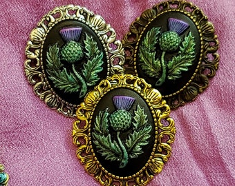 Brooch-Pendant Scottish Thistle Dichroic Hand Painted Cameo Shelly Pin Focal Your Choice of Color