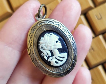 Locket Lolita Goth Skull Lady Cameo Flowers or Scallops Pendant Oval Your Choice of Color