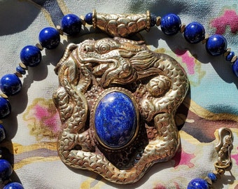 Gemstone Dragon Necklace Lapis Lazuli, Pyrite, and White Brass