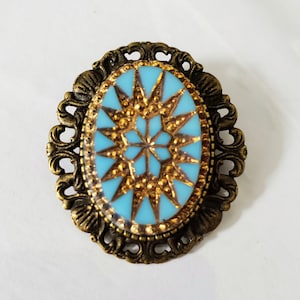 Brooch-Pendant Vintage Glass Versailles Cabochon Shelly Pin Focal Turquoise and Gold Your Choice of Metal Color image 1