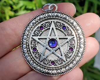 Pendant Pentagram Focal Silver with Vintage Blue/Purple/Red/Gold Multichrome Glass