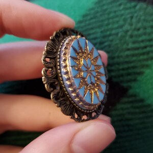 Brooch-Pendant Vintage Glass Versailles Cabochon Shelly Pin Focal Turquoise and Gold Your Choice of Metal Color image 4