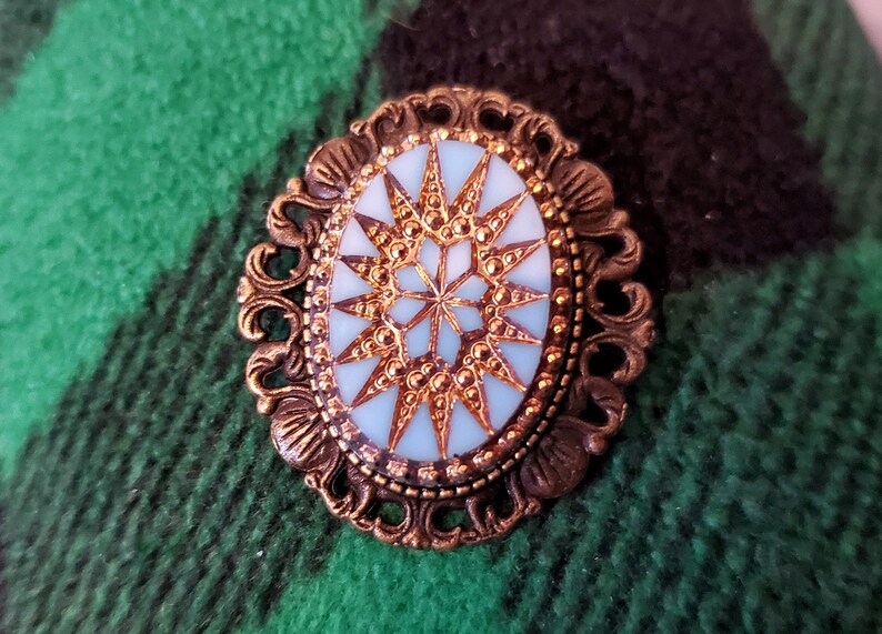 Brooch-Pendant Vintage Glass Versailles Cabochon Shelly Pin Focal Turquoise and Gold Your Choice of Metal Color image 6