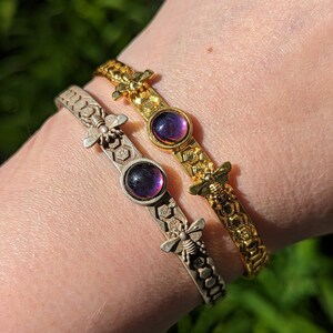 Heliotrope Bracelet Bee Cuff Silver or Gold Plated with 8mm Jewel Your Choice of Color image 2