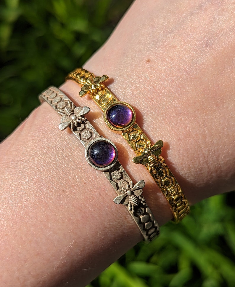 Heliotrope Bracelet Bee Cuff Silver or Gold Plated with 8mm Jewel Your Choice of Color image 2