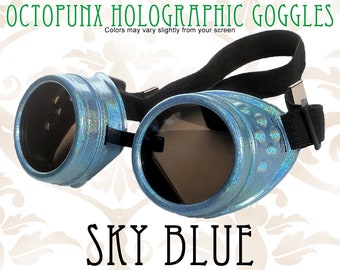 Steampunk Goggles Holographic Sky Blue Hand Painted with 50mm Lenses