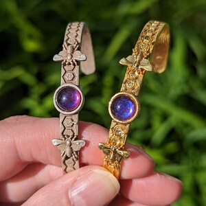 Heliotrope Bracelet Bee Cuff Silver or Gold Plated with 8mm Jewel Your Choice of Color image 1