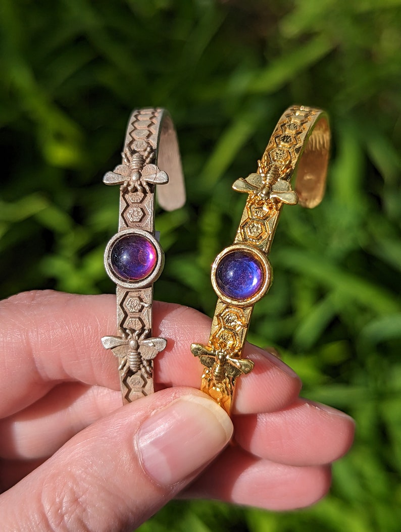 Heliotrope Bracelet Bee Cuff Silver or Gold Plated with 8mm Jewel Your Choice of Color image 1