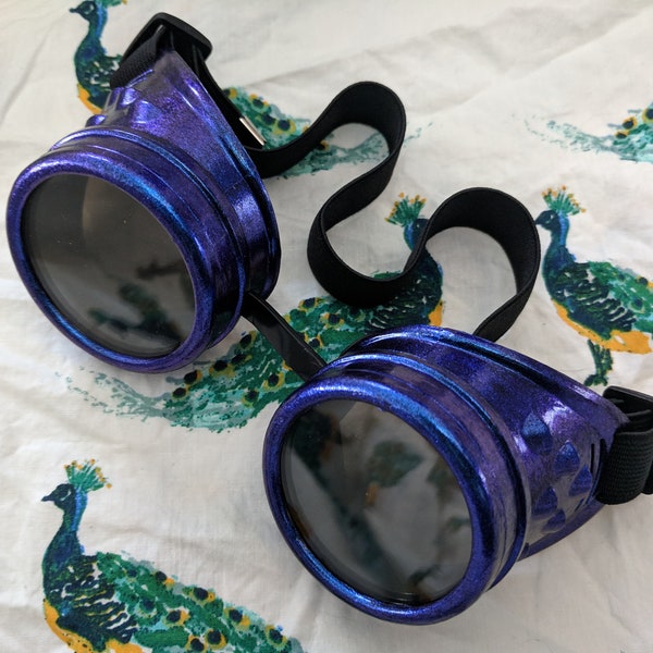 Steampunk Goggles Chameleon Butterfly Wings Blue-Purple Shimmer Hand Painted with 50mm Lenses