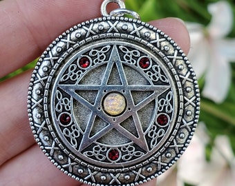 Pendant Pentagram Focal Silver with Vintage Faux Opal and Dark Red Glass