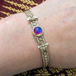 Heliotrope Bracelet Bee Cuff Silver or Gold Plated with 8mm Jewel Your Choice of Color image 3