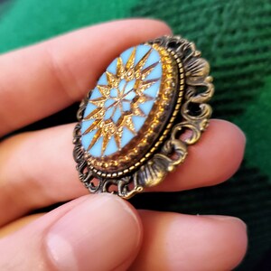 Brooch-Pendant Vintage Glass Versailles Cabochon Shelly Pin Focal Turquoise and Gold Your Choice of Metal Color image 2