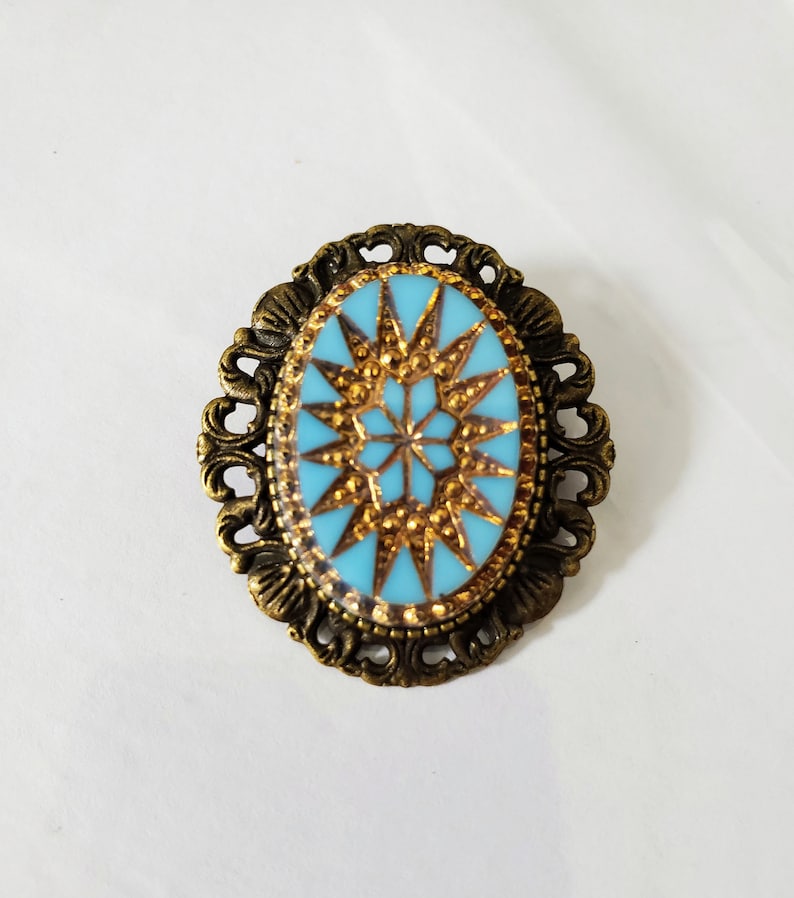 Brooch-Pendant Vintage Glass Versailles Cabochon Shelly Pin Focal Turquoise and Gold Your Choice of Metal Color image 1