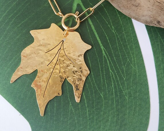 Gold Maple leaf charm long necklace. Flourish Collection. Handmade by Ariadna Echenique.