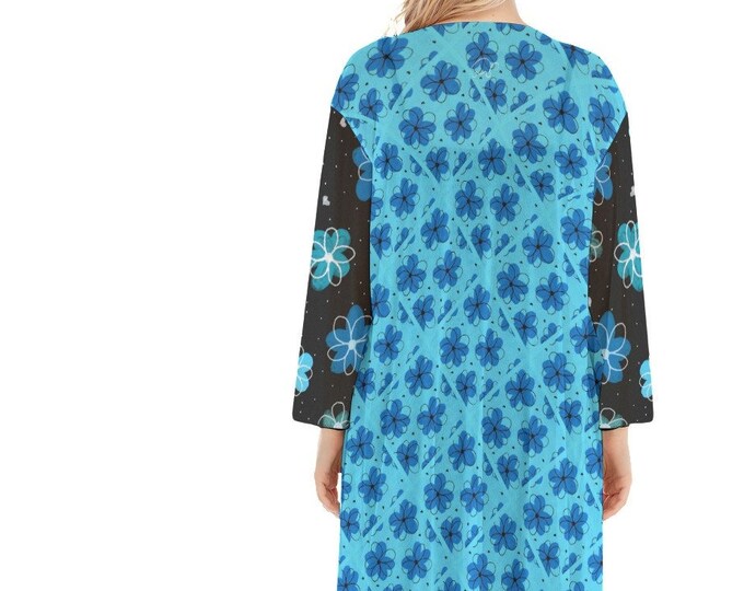 Blue Flowers mixed Women's Long Sleeve Mesh Cardigan. Mesh Kimono. Design painted by the Designer Maria Alejandra Echenique