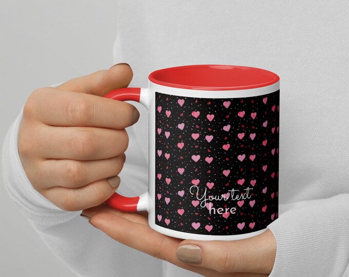 Love and Hearts Black Mug with Color Inside. Personalized gift. Design hand-painted by the Designer Maria Alejandra Echenique