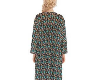 Multicolor Flowers Women's Long Sleeve Mesh Cardigan. Mesh Kimono. Design painted by the Designer Maria Alejandra Echenique