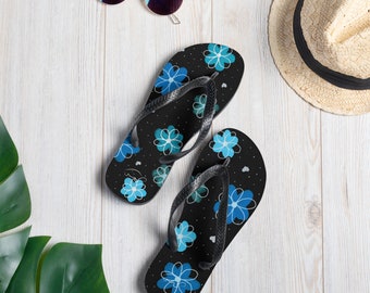 Blue Flowers Black Flip-Flops. Design hand-painted by the Designer Maria Alejandra Echenique