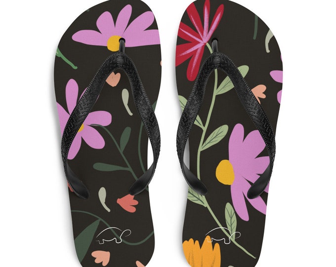 Botanical Flowers Black Flip-Flops. Design painted by the Designer Maria Alejandra Echenique