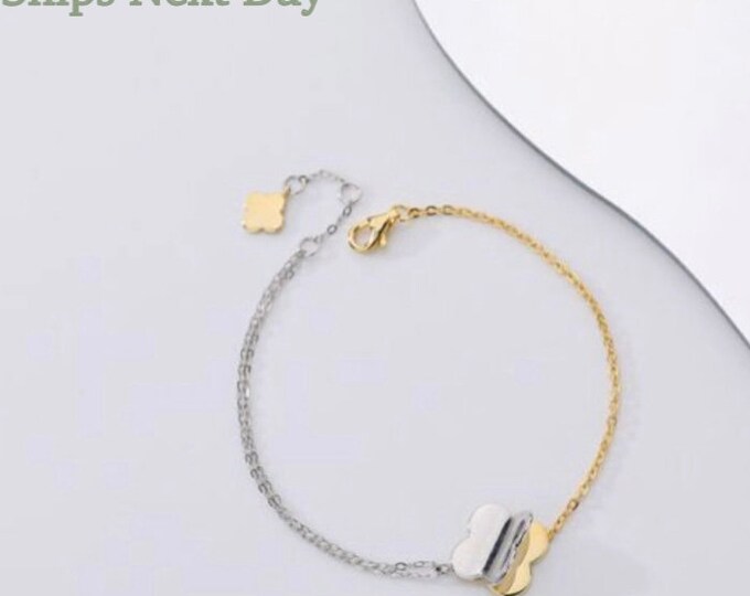 Classic Four Leaves Bracelet. Gold plated. Gift for her. Personalized message card. Ships Next Day. 925 Sterling Silver hoop earrings