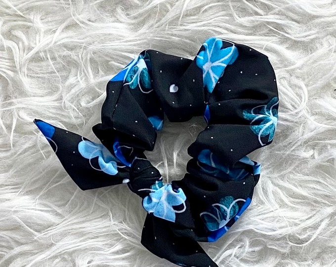 Blue Big Flowers Recycled Scrunchie. Design hand-painted by the Designer Maria Alejandra Echenique