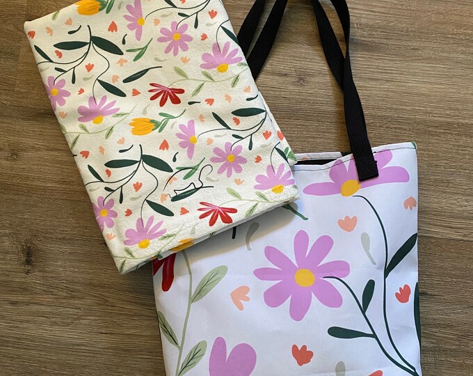 Bundle Botanical Flowers Beige Towel + Bag. Design painted by the Designer Maria Alejandra Echenique