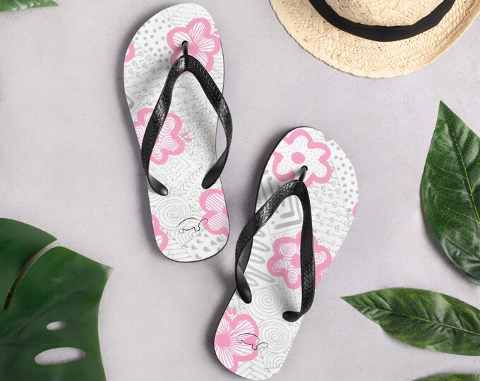 Pink Flowers White Flip-Flops.Design hand-painted by the Designer Maria Alejandra Echenique