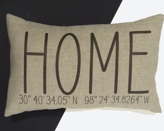 HOME, Latitude Longitude Home pillow, housewarming, clean minimalist design, Real Estate closing gift, Agent settlement gift