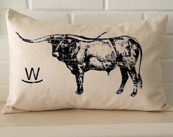 Texas Longhorn pillow personalized with your brand on the hip, rib or your custom placement for the cattle rancher, Texan or cowboy, cowgirl