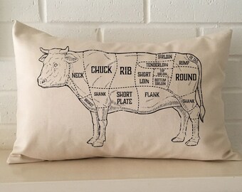 Beef cuts cattle rancher, butcher, meat lover, western decor pillow pairs nicely with listings for bull pillows or vintage saddle