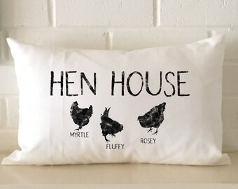 Hen House pillow personalized with chicken names