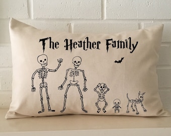 Spooky Spooktacular Personalized halloween gift Skeleton pillow, fall family fun with your skeleton Mom, Dad, kids, baby, dog, cat, etc.