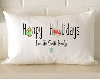 Holiday mid century pillow gift with hand drawn ornaments, line art, gift decor from your family, city, when you can't be there in person!