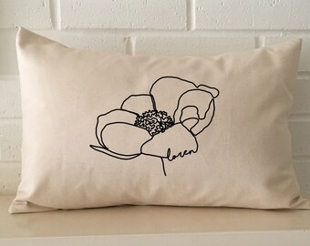 Personalized single line drawing poppy flower name pillow, August birth flower custom name lumbar pillow, great gift or accent for your home