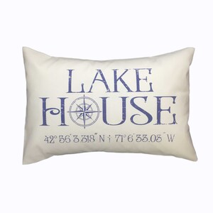 LAKE HOUSE GPS Latitude Longitude coordinates pillow map pillow housewarming Nautical lake decor lightly distressed