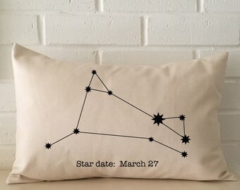 Personalized Aries Constellation Pillow, Zodiac Star Date Gift