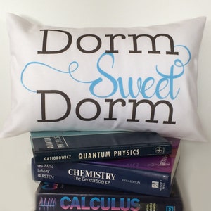 May include: White pillow with the text "Dorm Sweet Dorm" in black and blue lettering. The pillow is sitting on top of a stack of textbooks.