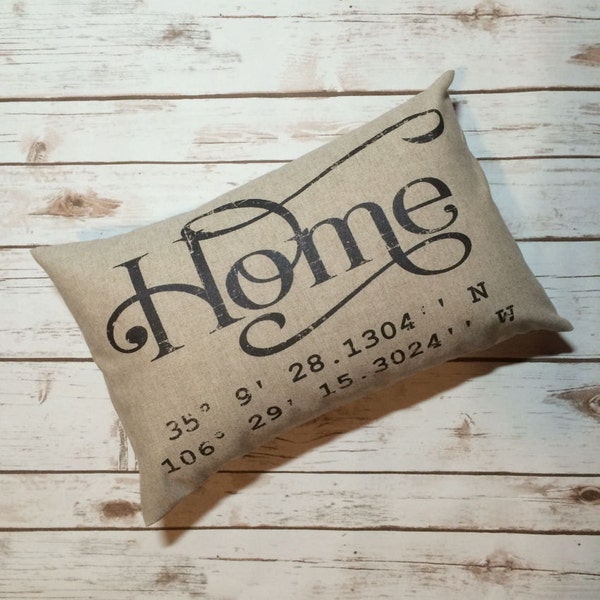 Latitude Longitude Home pillow, housewarming, anniversary, hostess gift distressed shabby chic, coordinates pillow, typography pillow